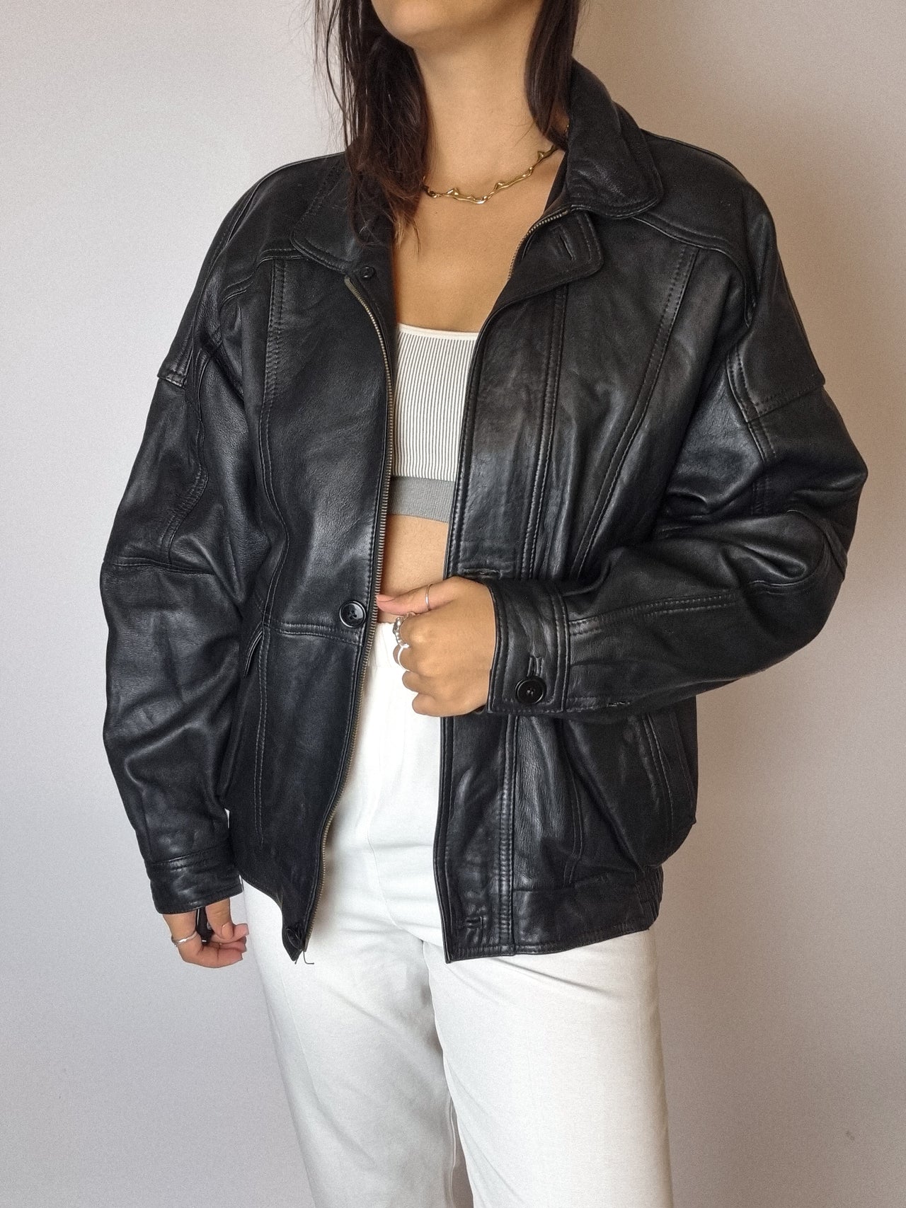 Bomber en cuir noir vintage S/M