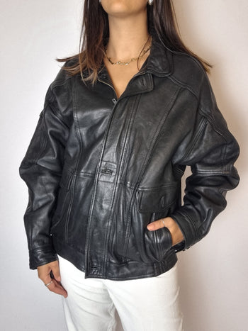 Bomber en cuir noir vintage S/M