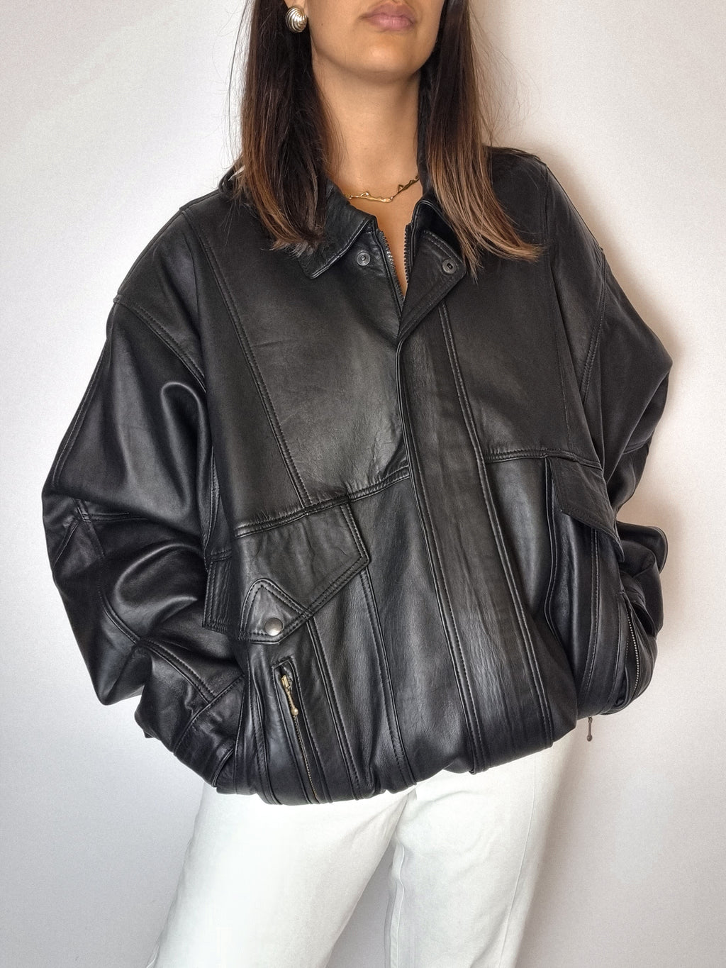Vintage Bomberjacke aus schwarzem Leder M/L 