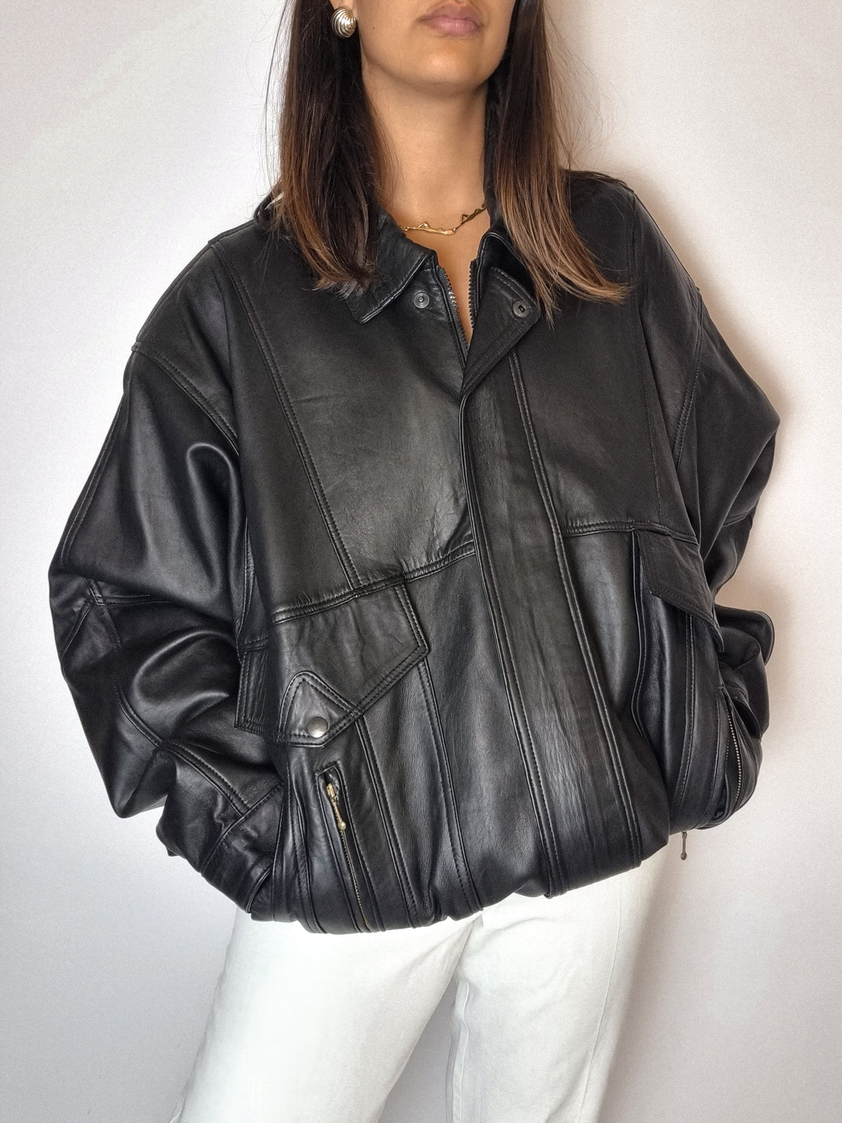 Vintage Bomberjacke aus schwarzem Leder M/L 