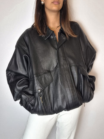 Bomber en cuir noir vintage M/L