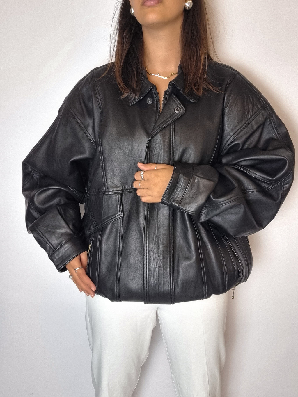 Vintage Bomberjacke aus schwarzem Leder M/L 