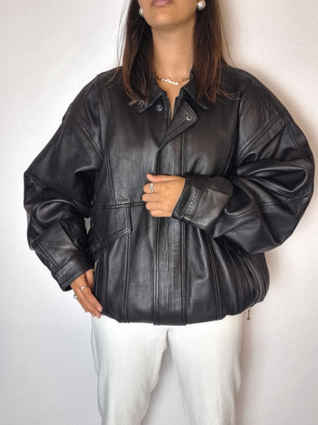 Bomber en cuir noir vintage M/L