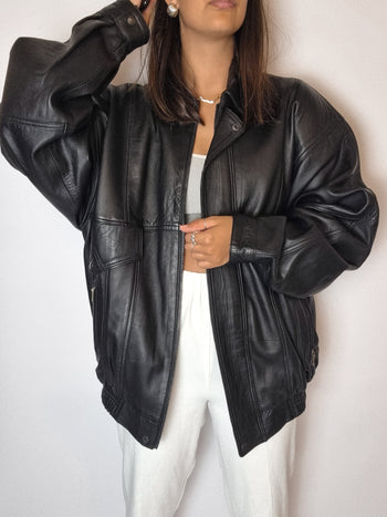 Bomber en cuir noir vintage M/L