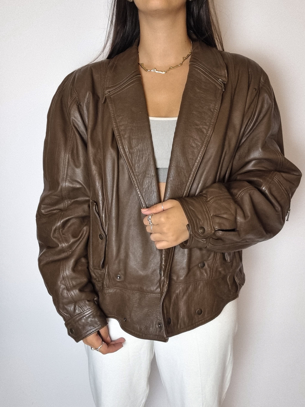 Vintage brown leather bomber jacket S/M 