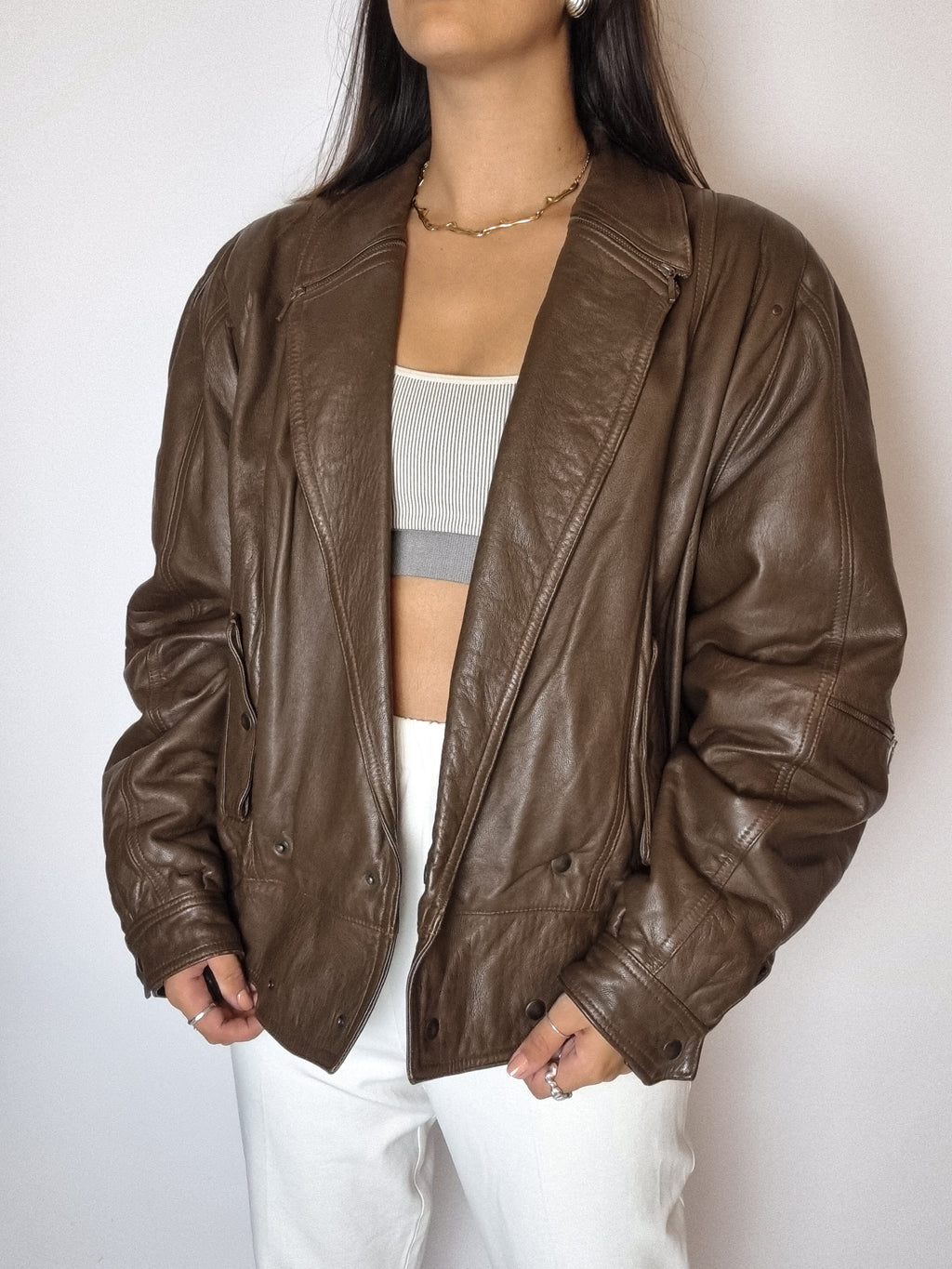 Vintage brown leather bomber jacket S/M 