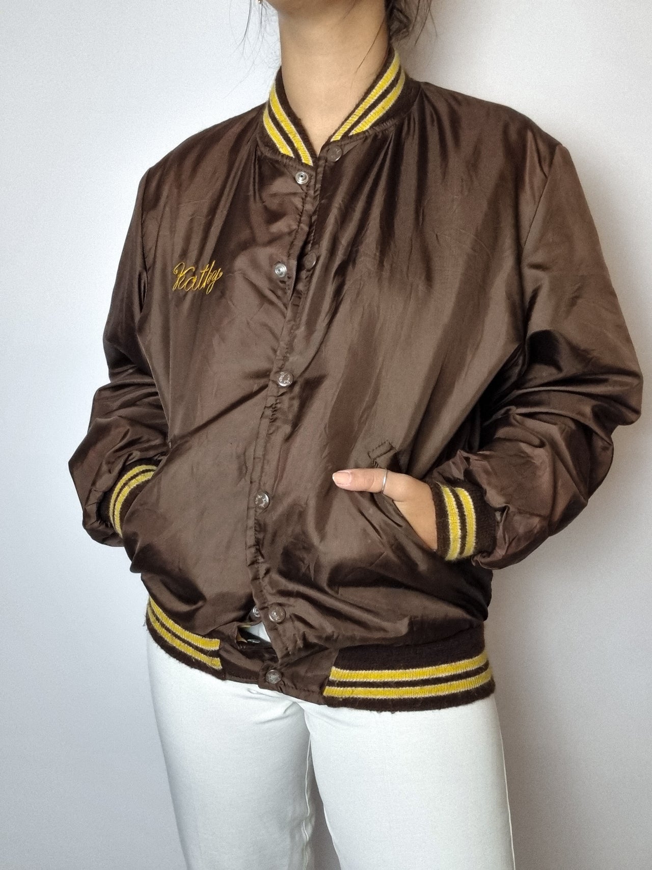 Brown and yellow satin American bomber jacket S/M