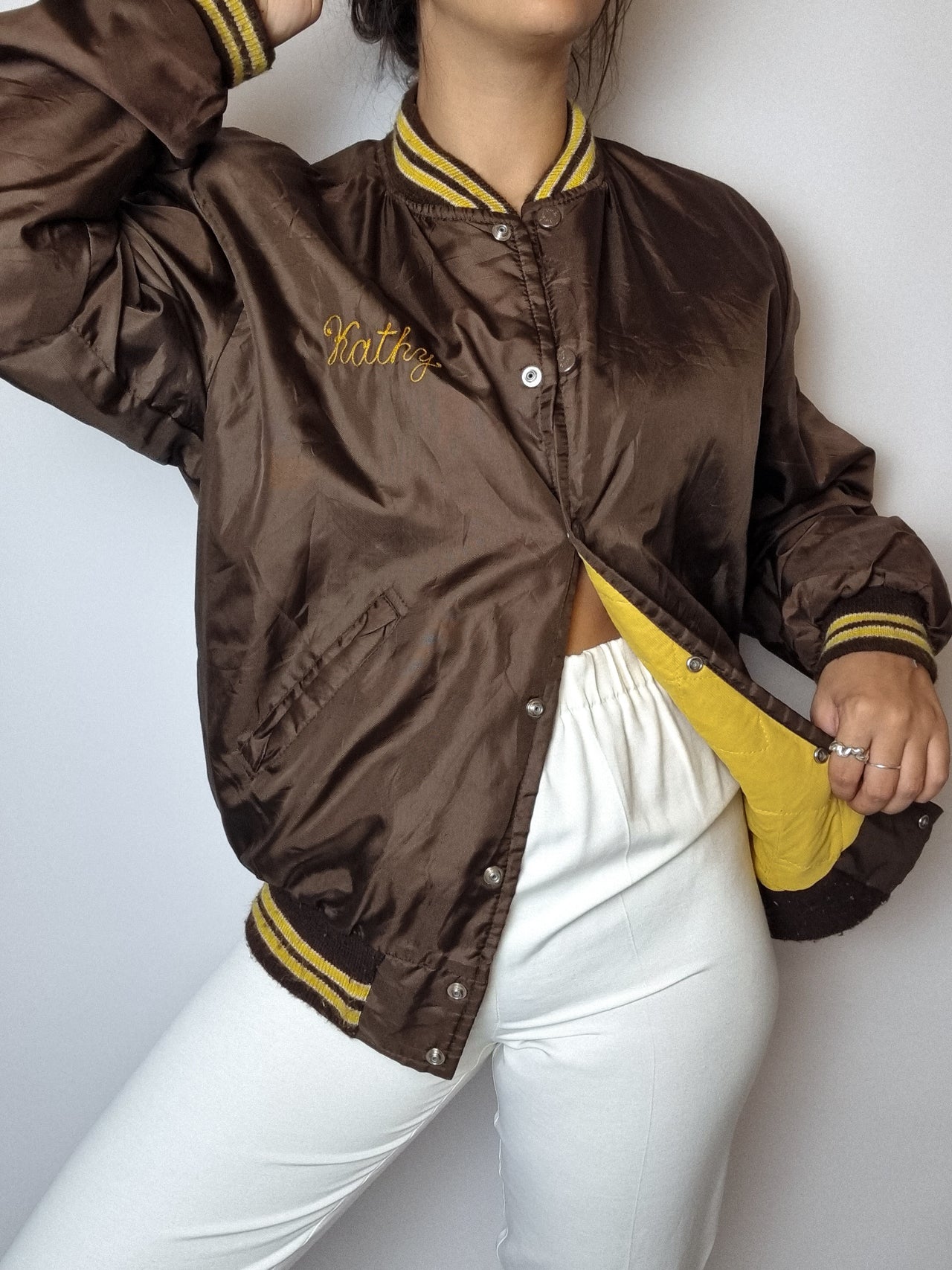 Brown and yellow satin American bomber jacket S/M