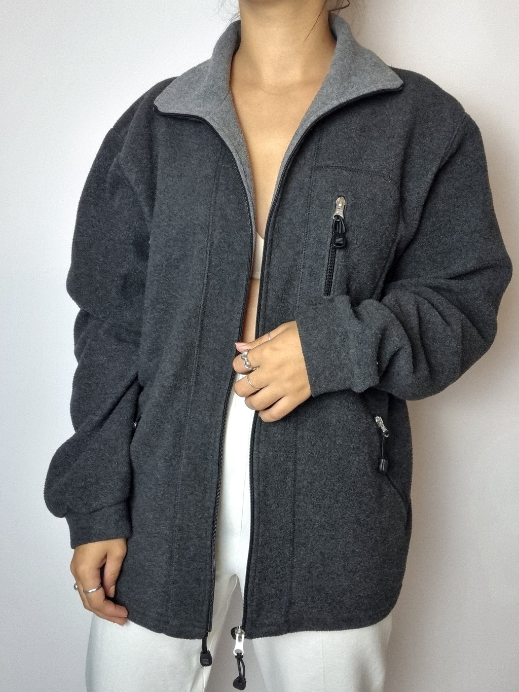 Vintage dunkelgraues Fleece mit Reißverschluss M/L