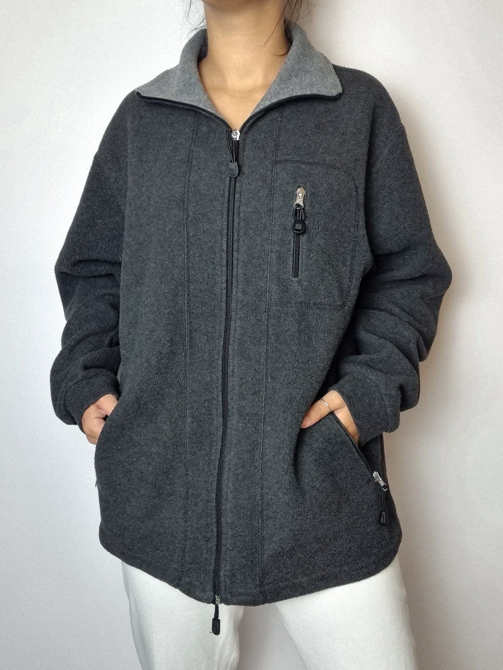 Vintage dunkelgraues Fleece mit Reißverschluss M/L