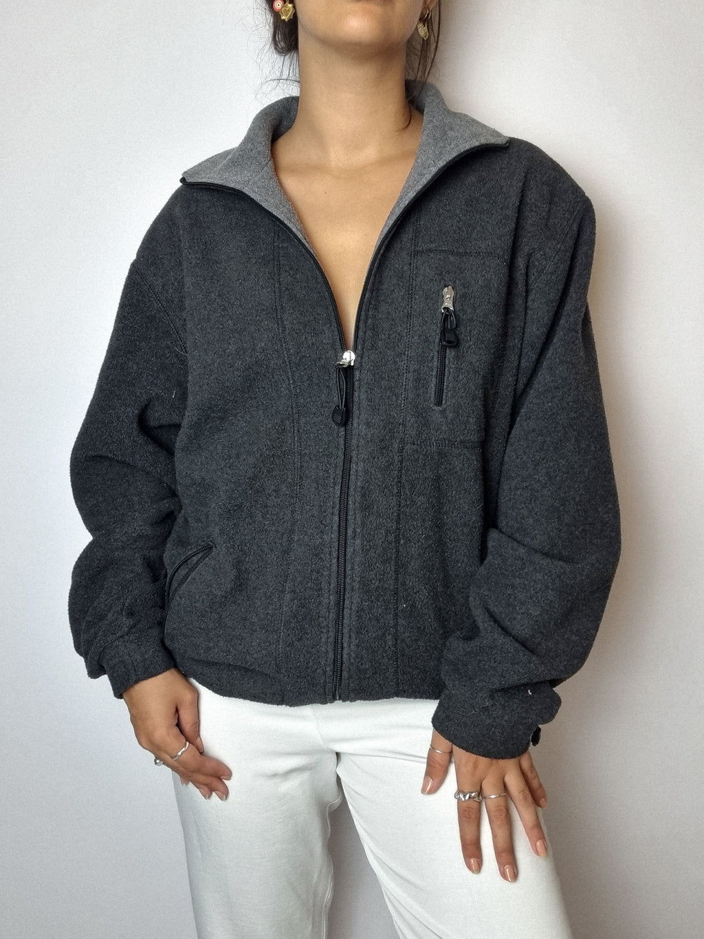 Vintage dunkelgraues Fleece mit Reißverschluss M/L