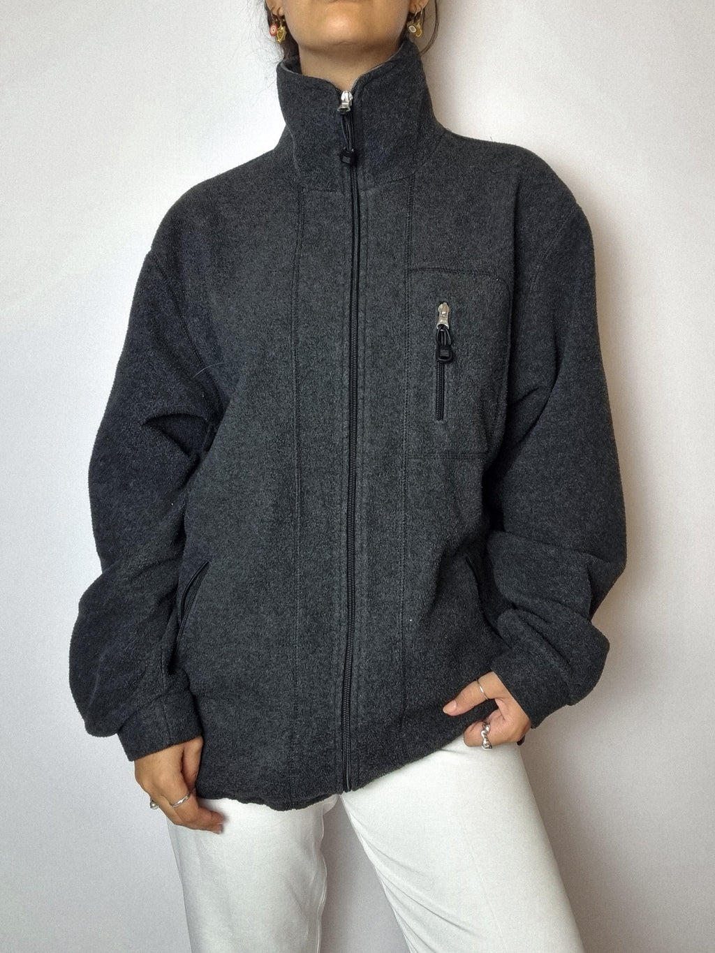 Vintage dunkelgraues Fleece mit Reißverschluss M/L