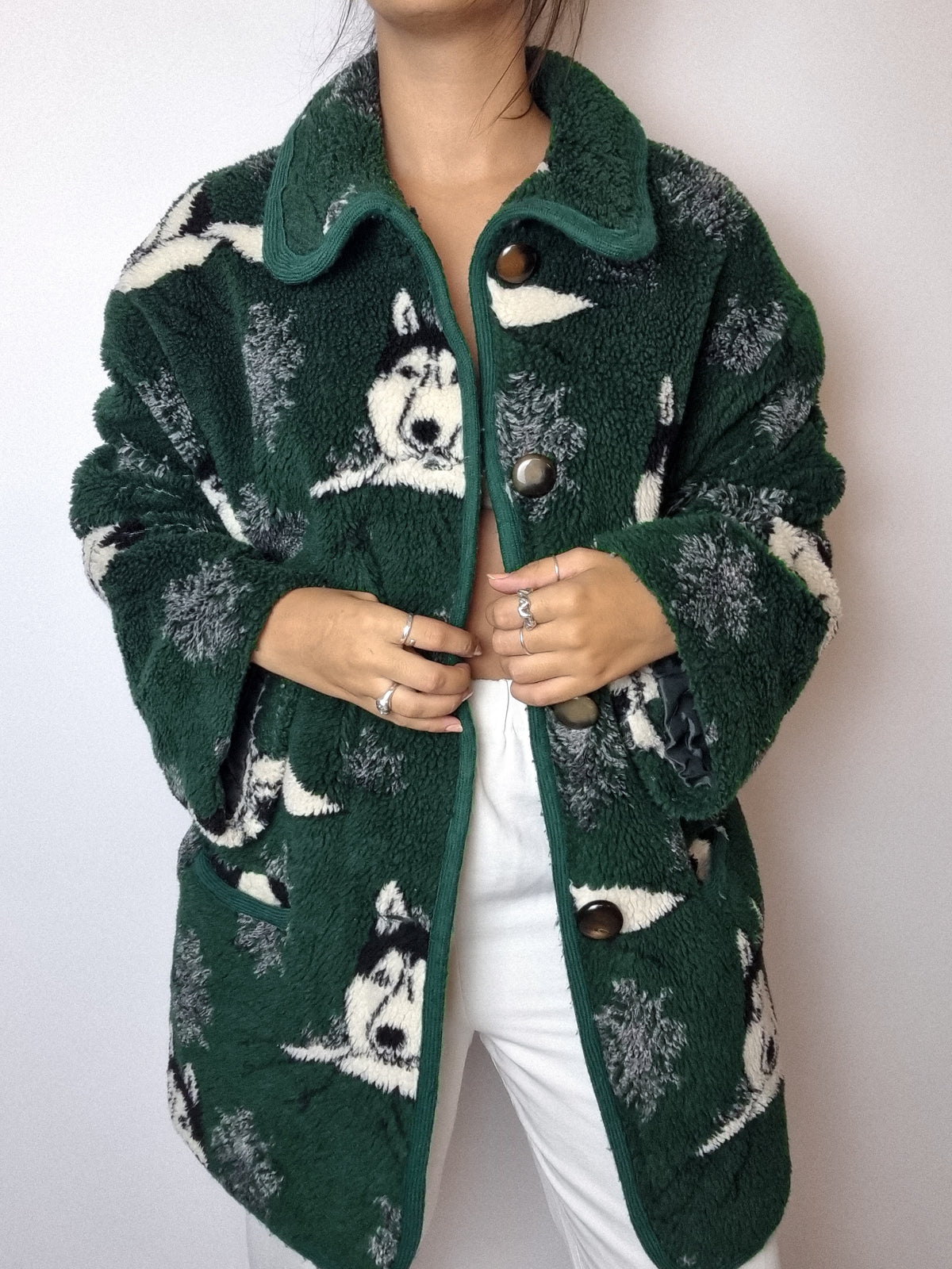 Green fleece with husky patterns XL 