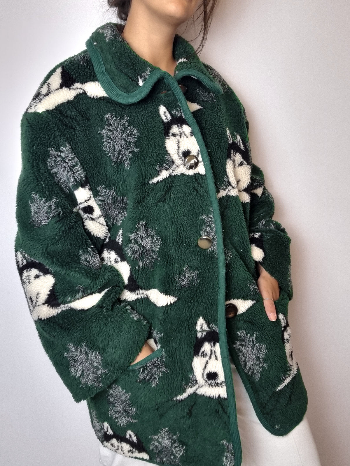 Green fleece with husky patterns XL 