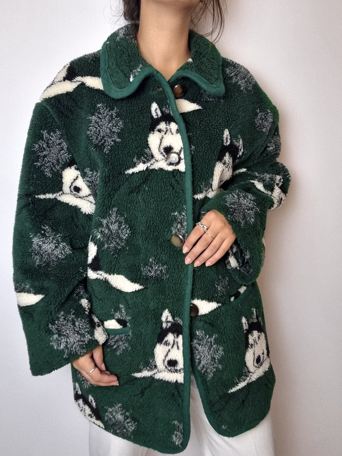 Green fleece with husky patterns XL 