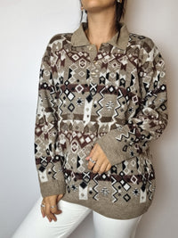 Beige wool sweater with vintage patterns M 