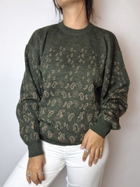 Khaki wool sweater with vintage paisley patterns M 