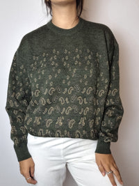 Khaki wool sweater with vintage paisley patterns M 
