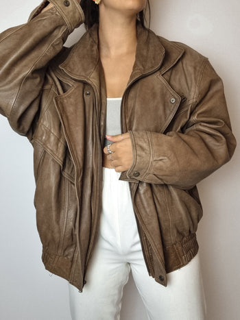 Vintage brown leather bomber jacket L 