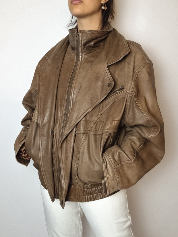 Vintage brown leather bomber jacket L 