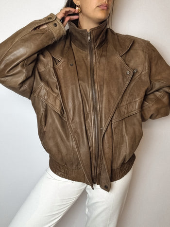 Vintage brown leather bomber jacket L 