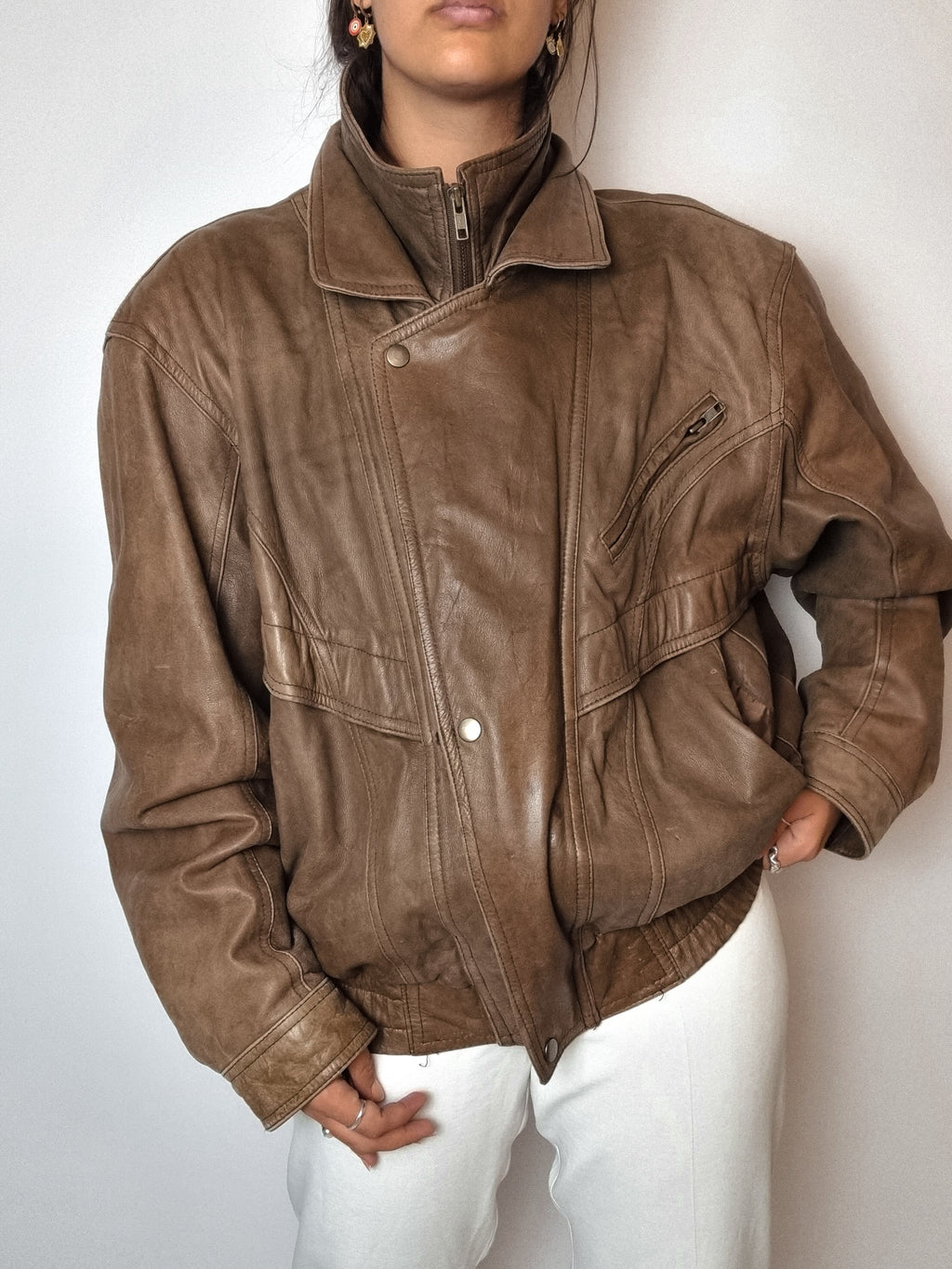 Vintage brown leather bomber jacket L 