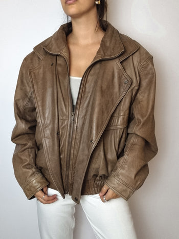 Vintage brown leather bomber jacket L 