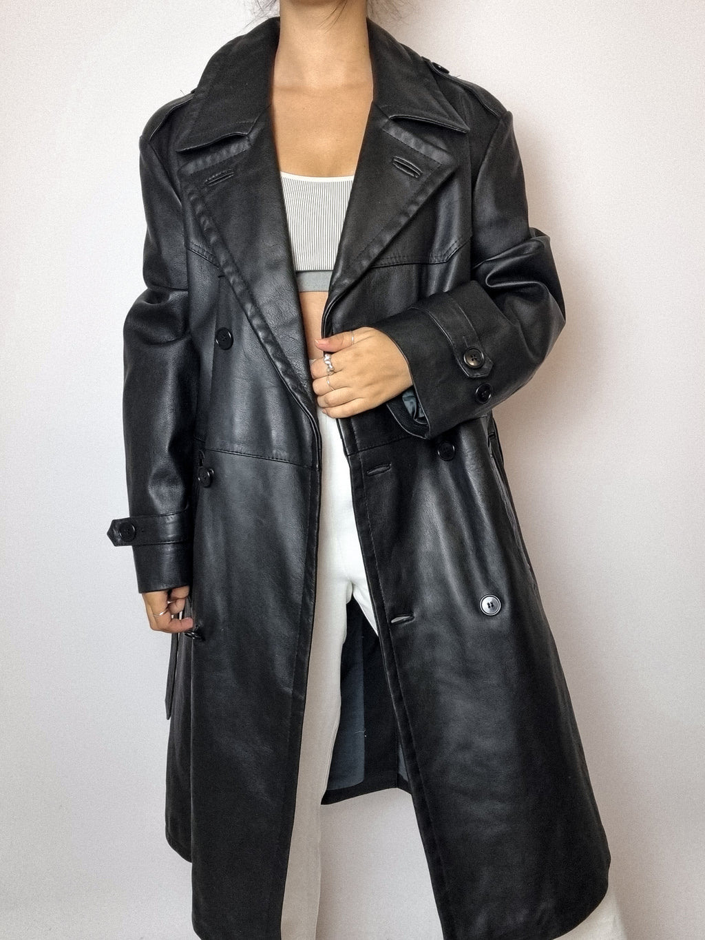 Vintage schwarzer Leder-Trenchcoat M 