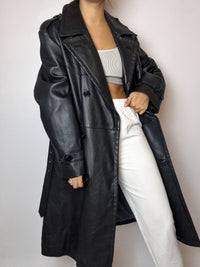 Vintage schwarzer Leder-Trenchcoat M 