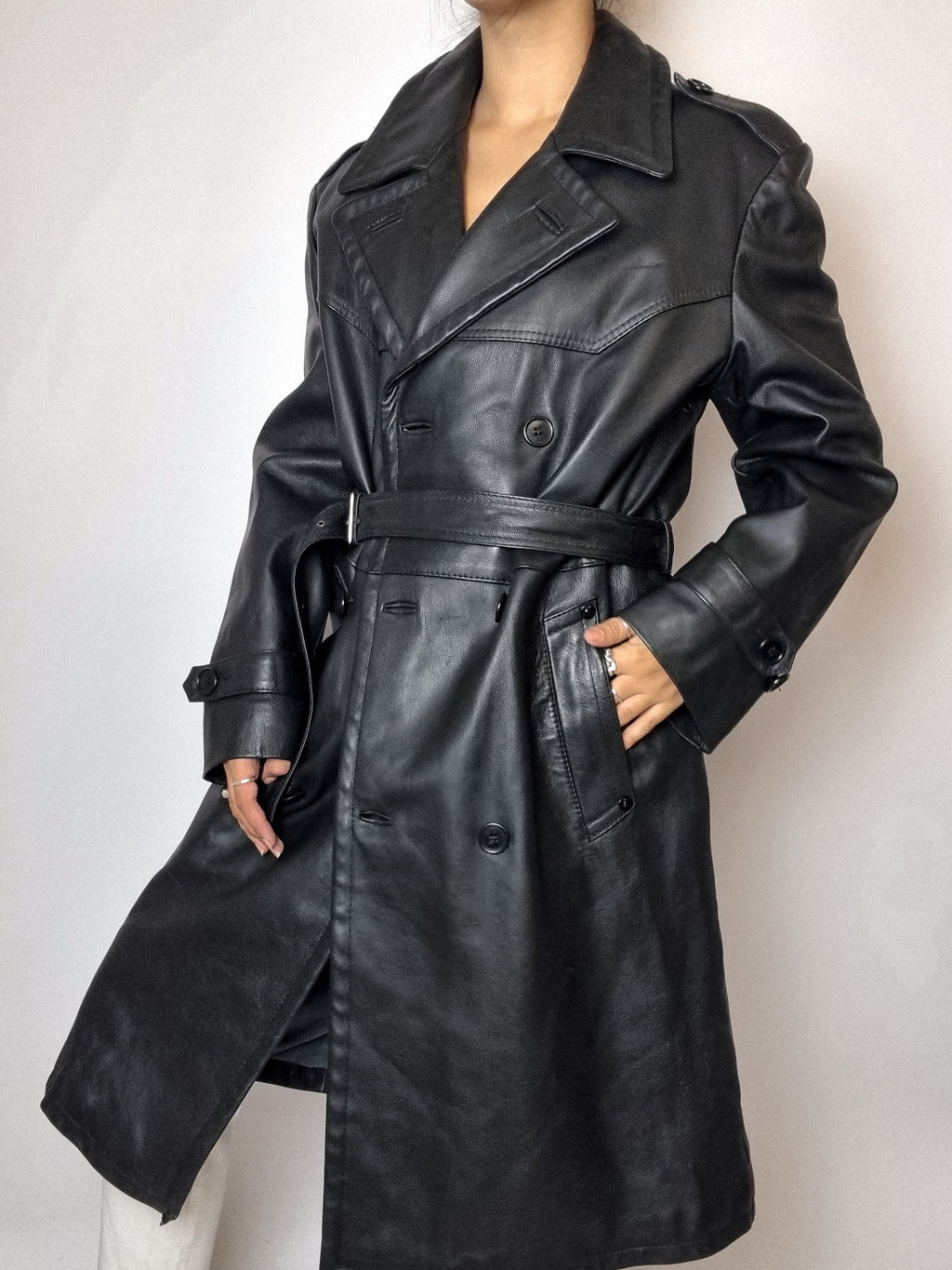 Vintage schwarzer Leder-Trenchcoat M 