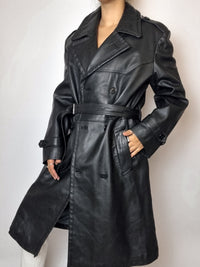 Vintage schwarzer Leder-Trenchcoat M 