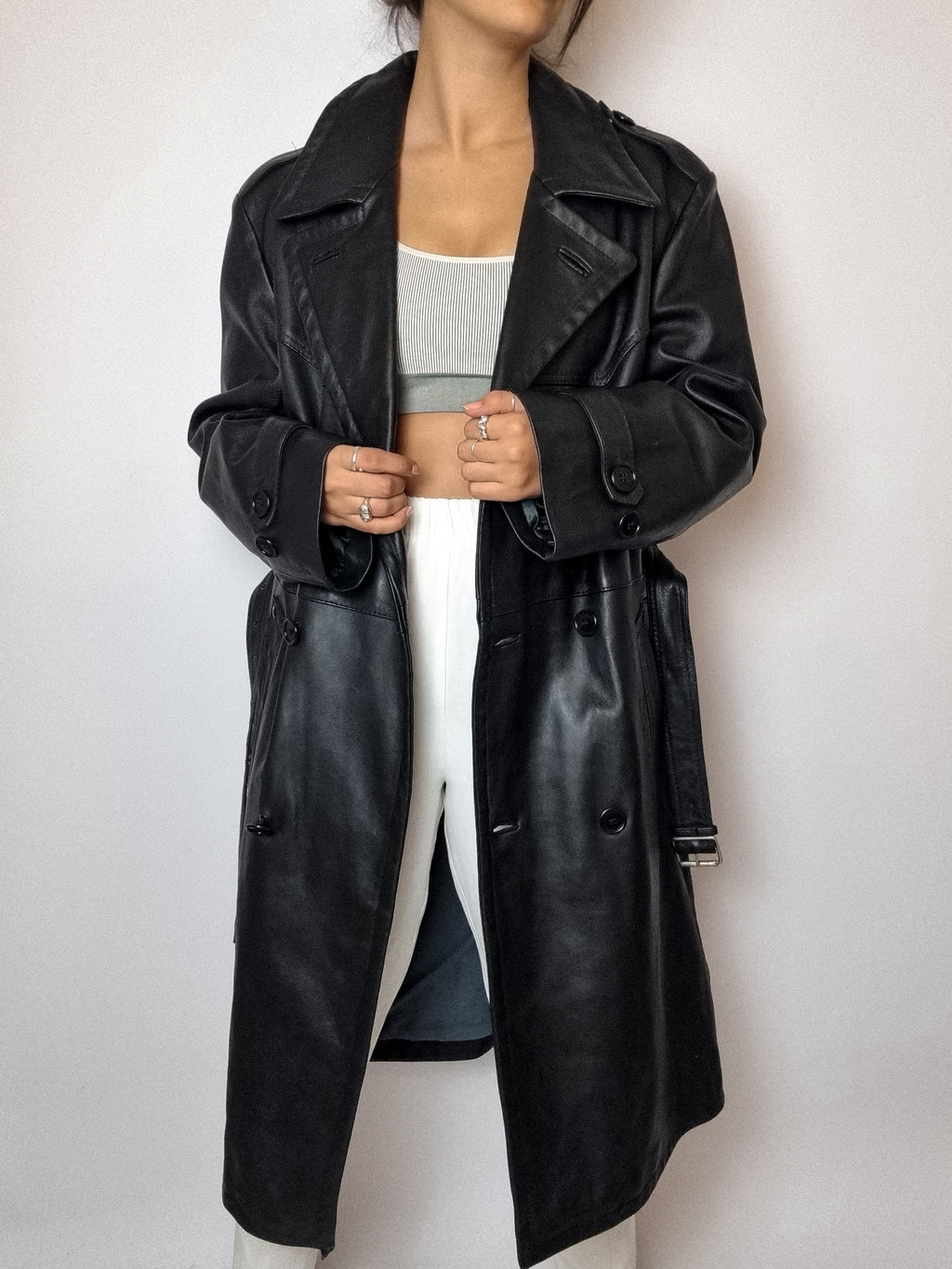 Vintage schwarzer Leder-Trenchcoat M 