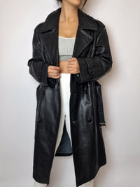Vintage schwarzer Leder-Trenchcoat M 
