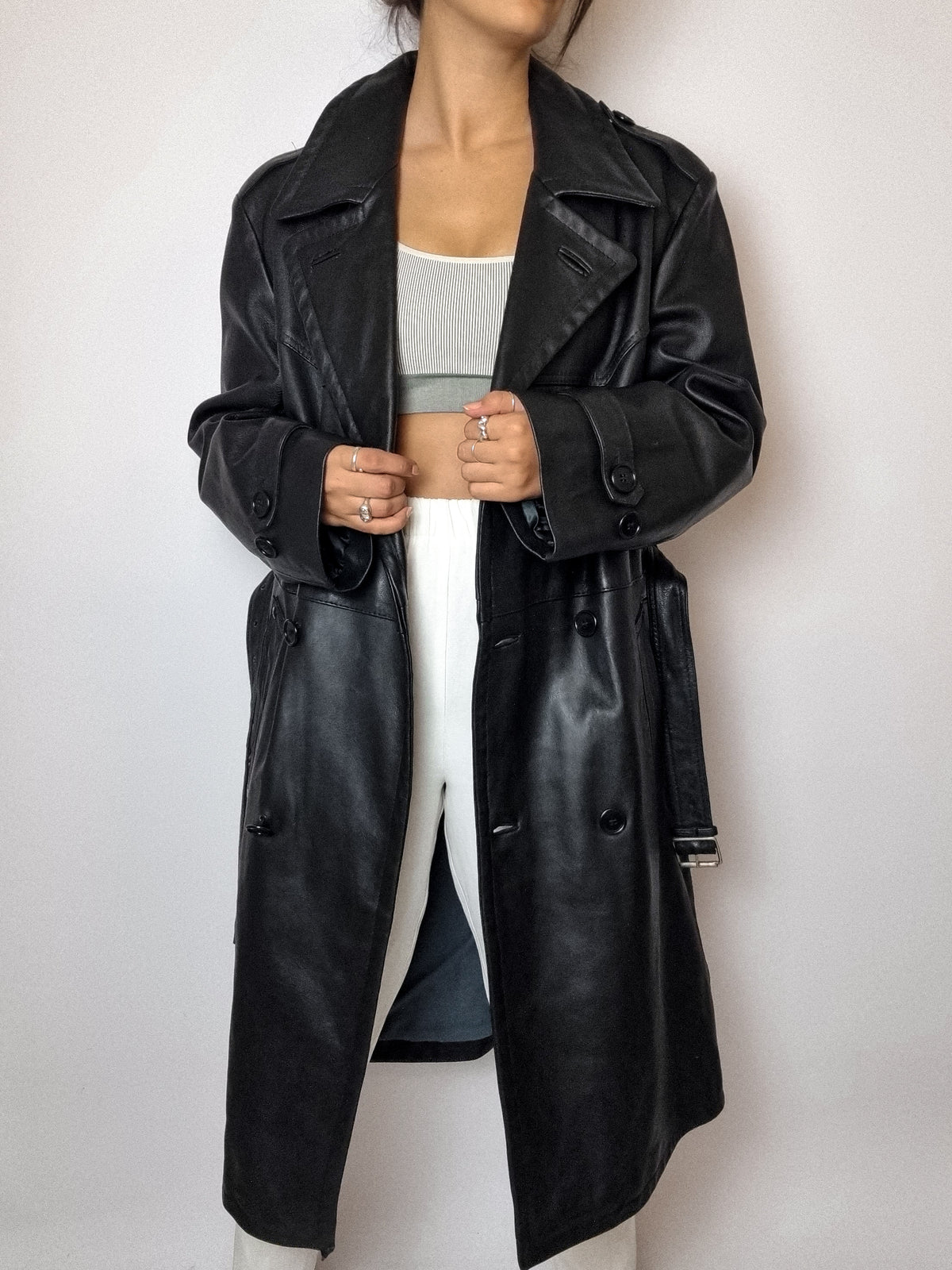Vintage schwarzer Leder-Trenchcoat M 