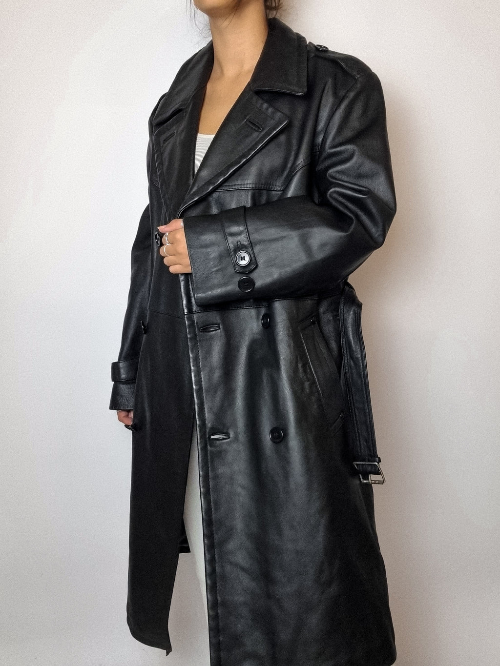Vintage schwarzer Leder-Trenchcoat M 