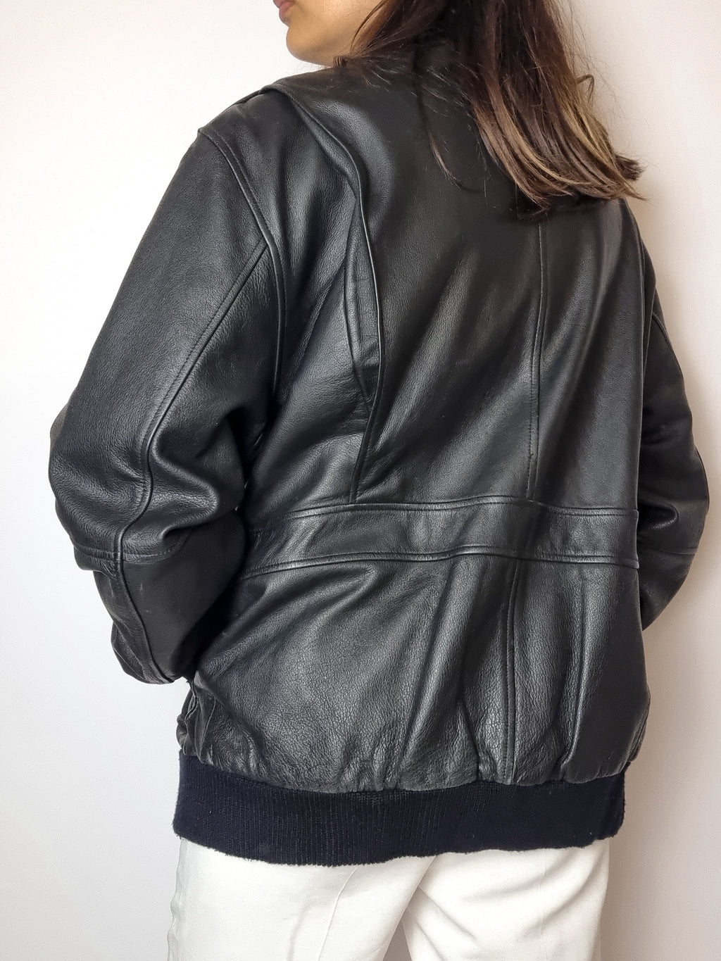 Vintage Bomberjacke aus schwarzem Leder L 