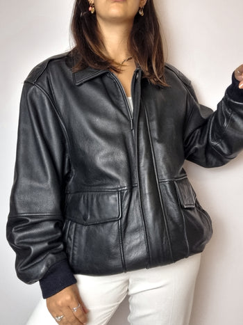 Bomber en cuir noir vintage L