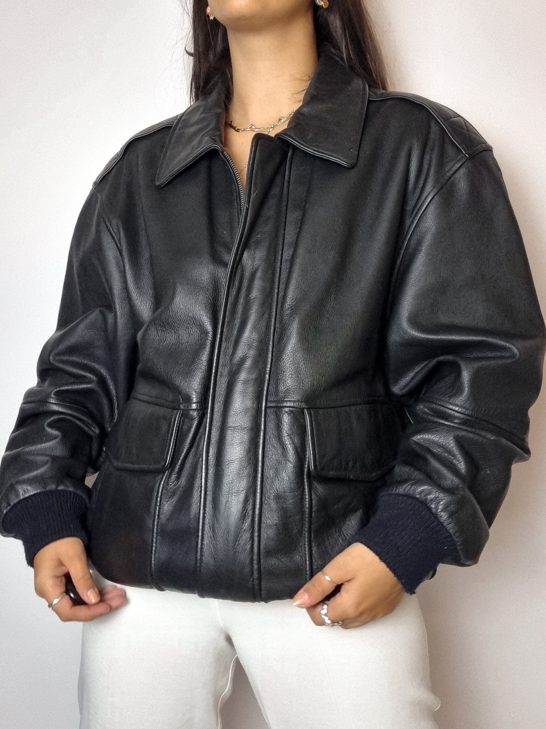 Vintage Bomberjacke aus schwarzem Leder L 