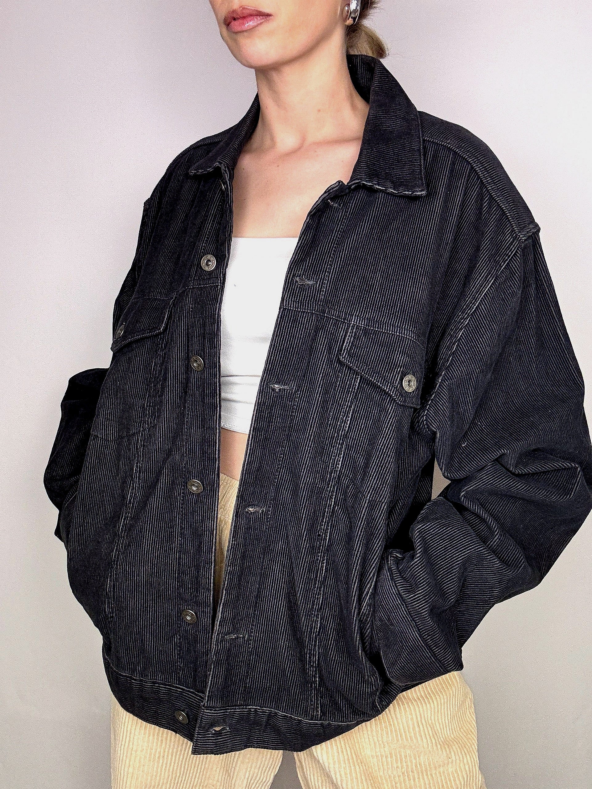 Vintage schwarze Cordjacke L