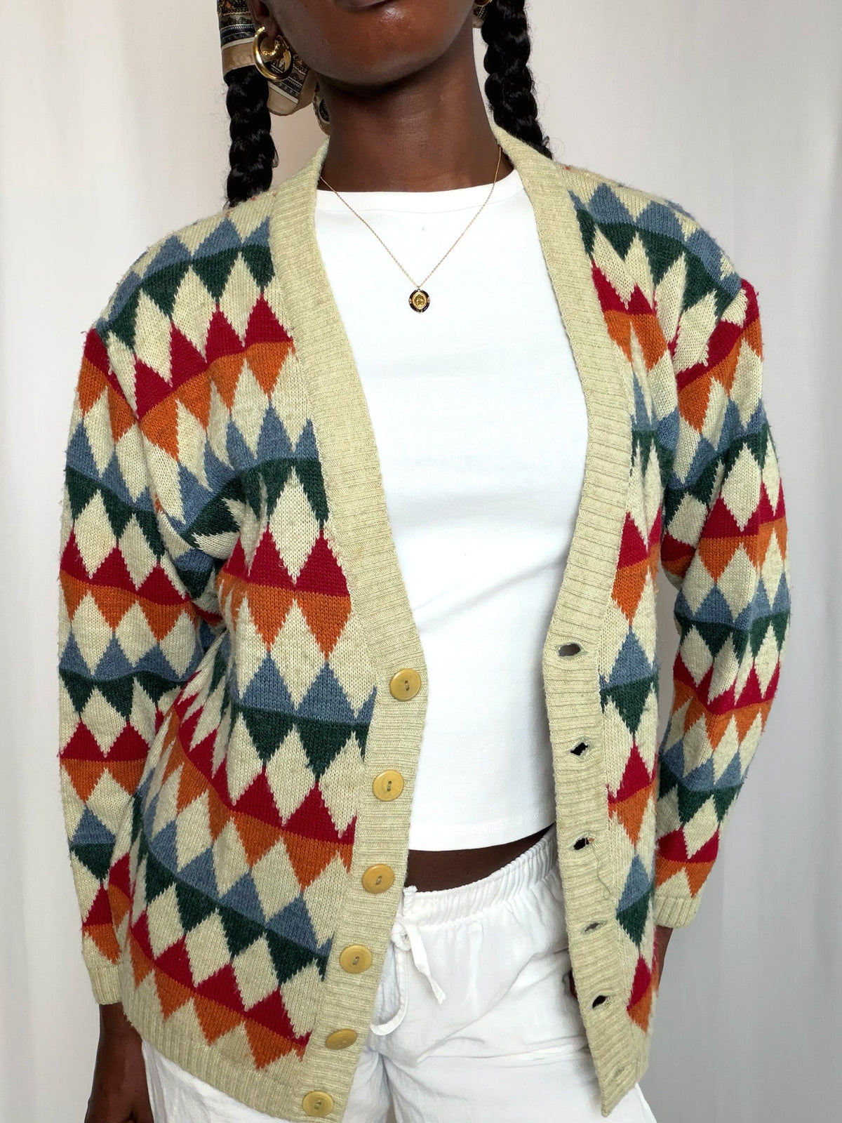 Cardigan à losanges multicolores M/L vintage