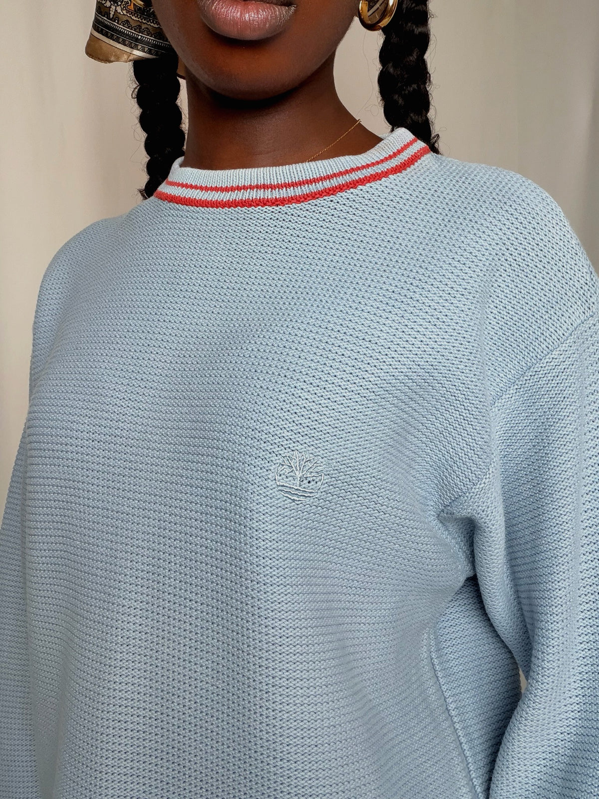 Pull bleu ciel avec détails rouges Timberland M vintage