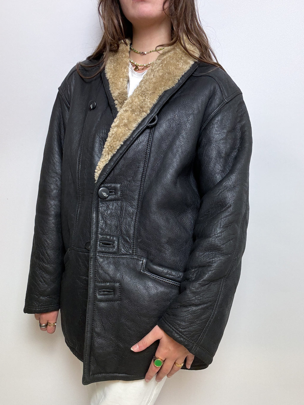 Manteau en cuir et mouton retourné noir M/L