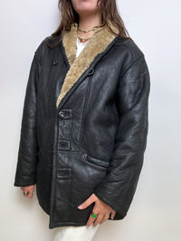 Manteau en cuir et mouton retourné noir M/L
