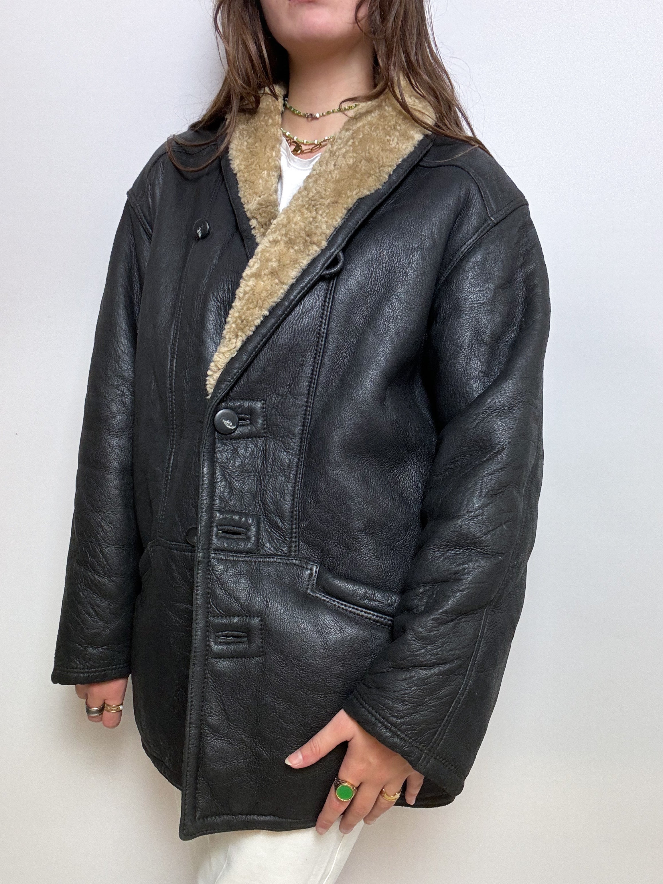Manteau en cuir et mouton retourné noir M/L