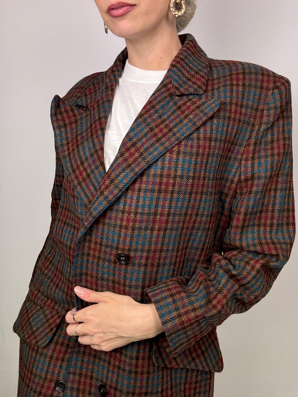 Vintage brown wool plaid long blazer