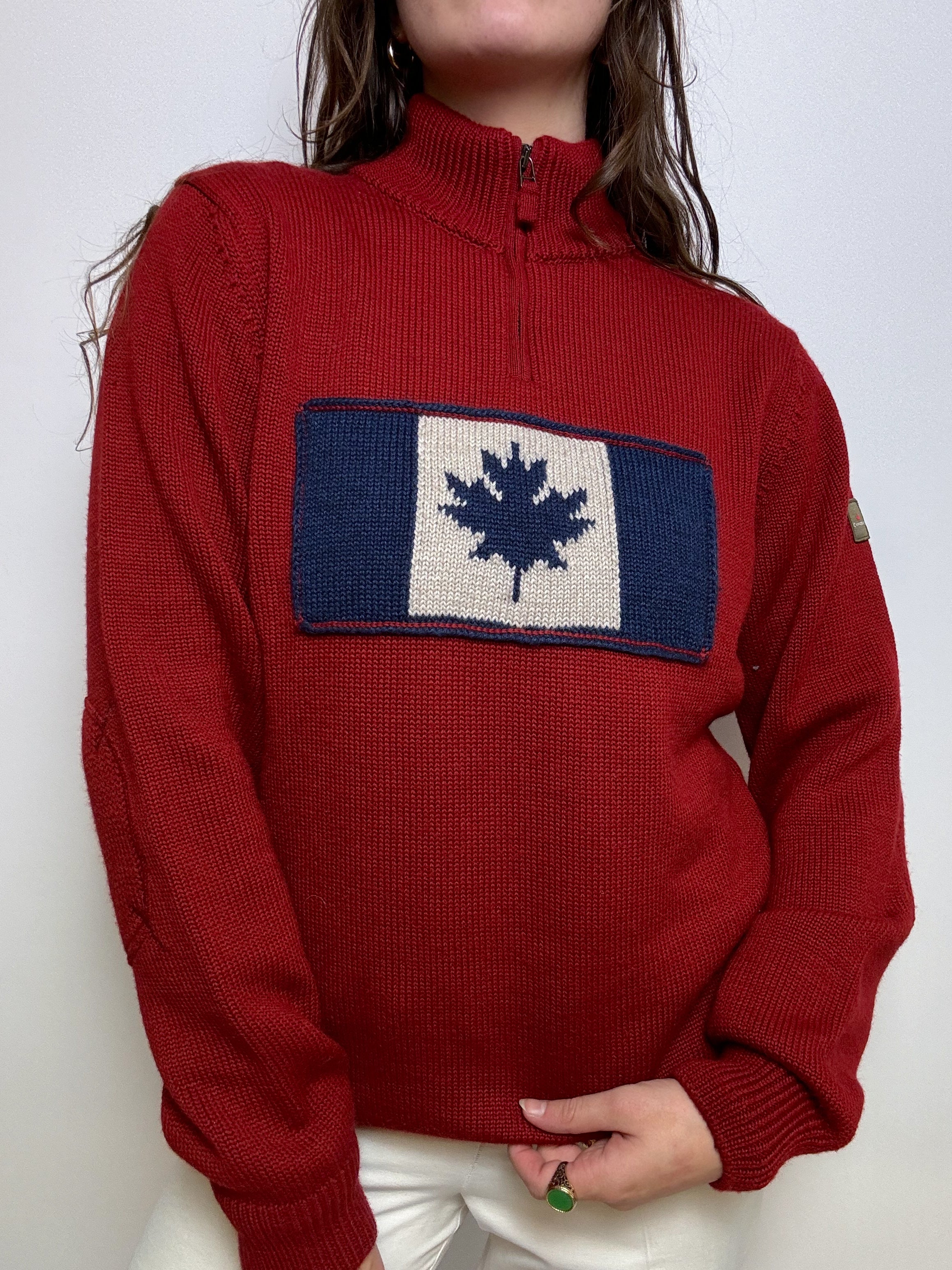 Red wool sweater with vintage zip M/L 