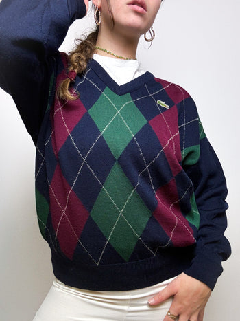 Dark blue wool sweater with vintage Lacoste pattern M/L