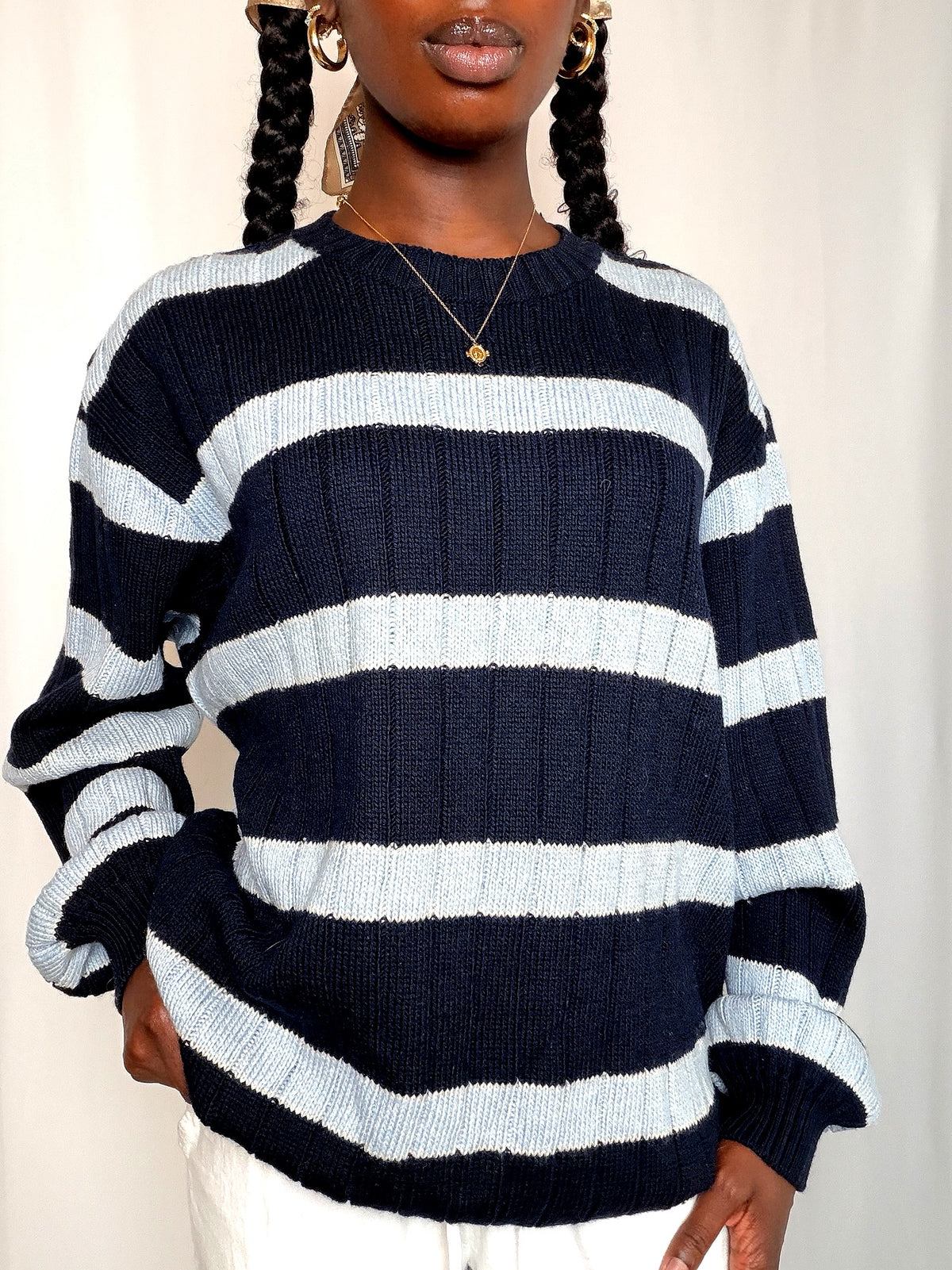 Pull rayé marine et bleu L vintage