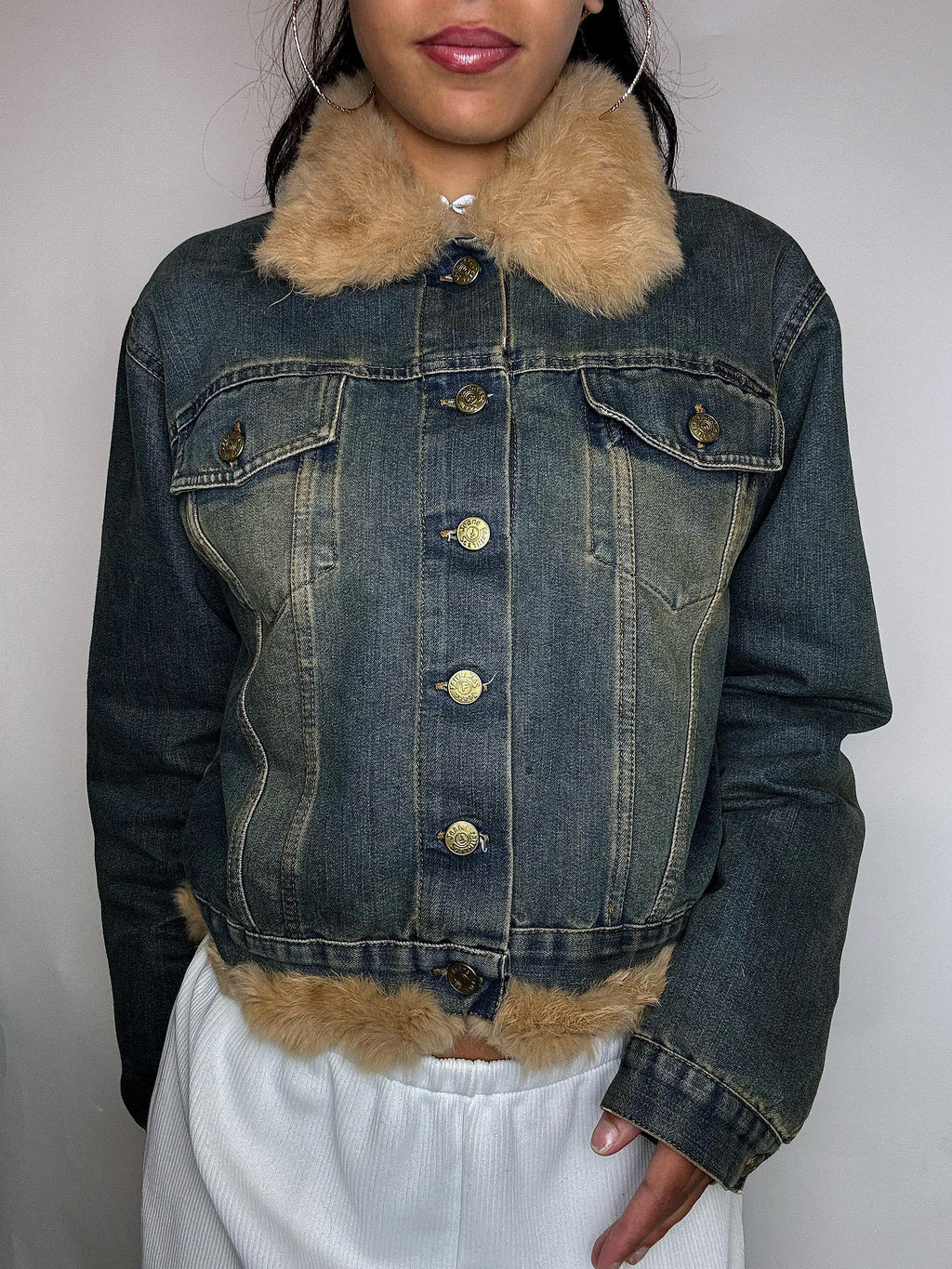 Veste courte en denim vert fourée
