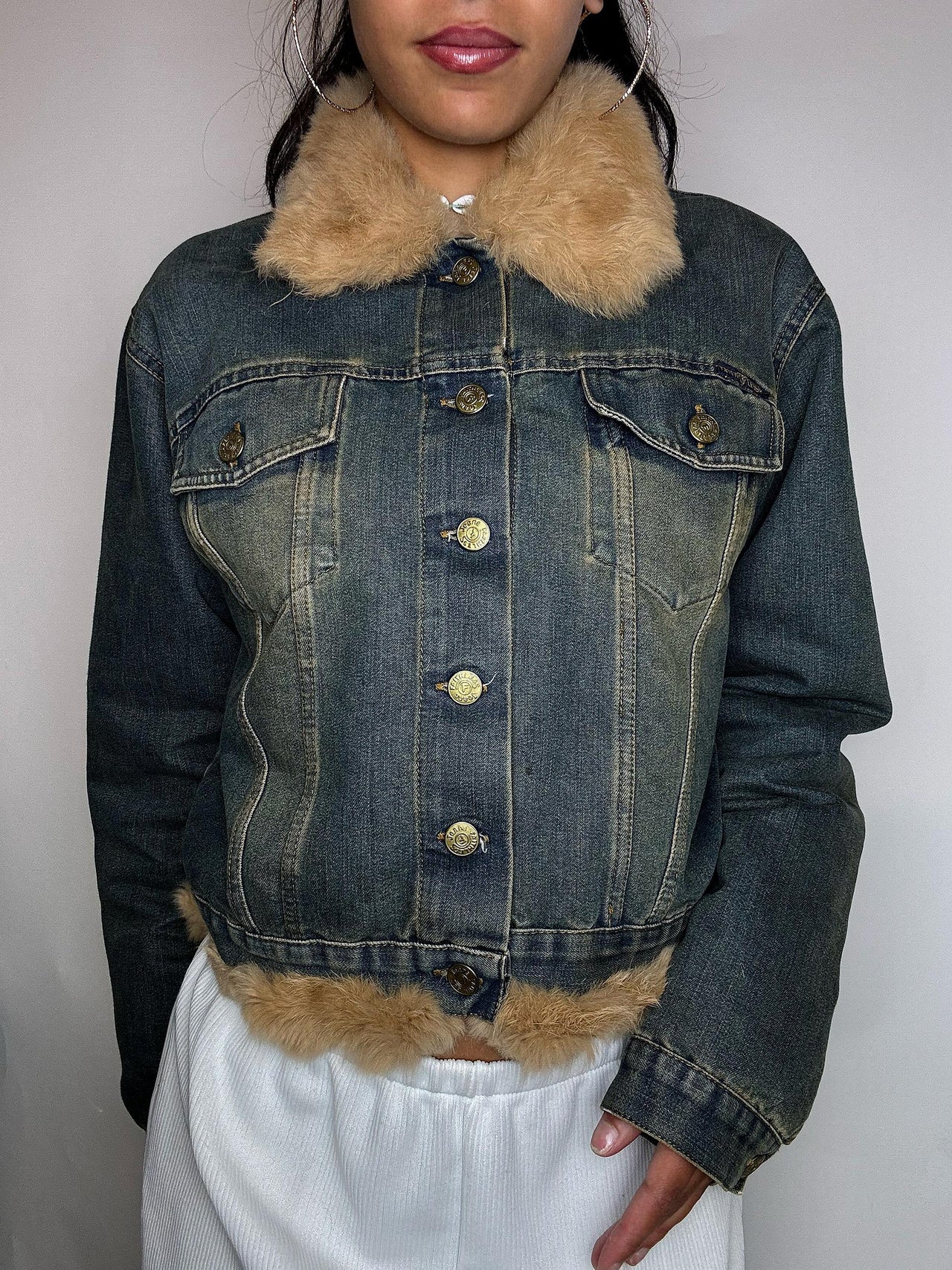 Veste courte en denim vert fourée